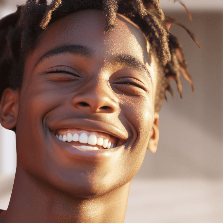 Young man with locs laughing with bright white teeth