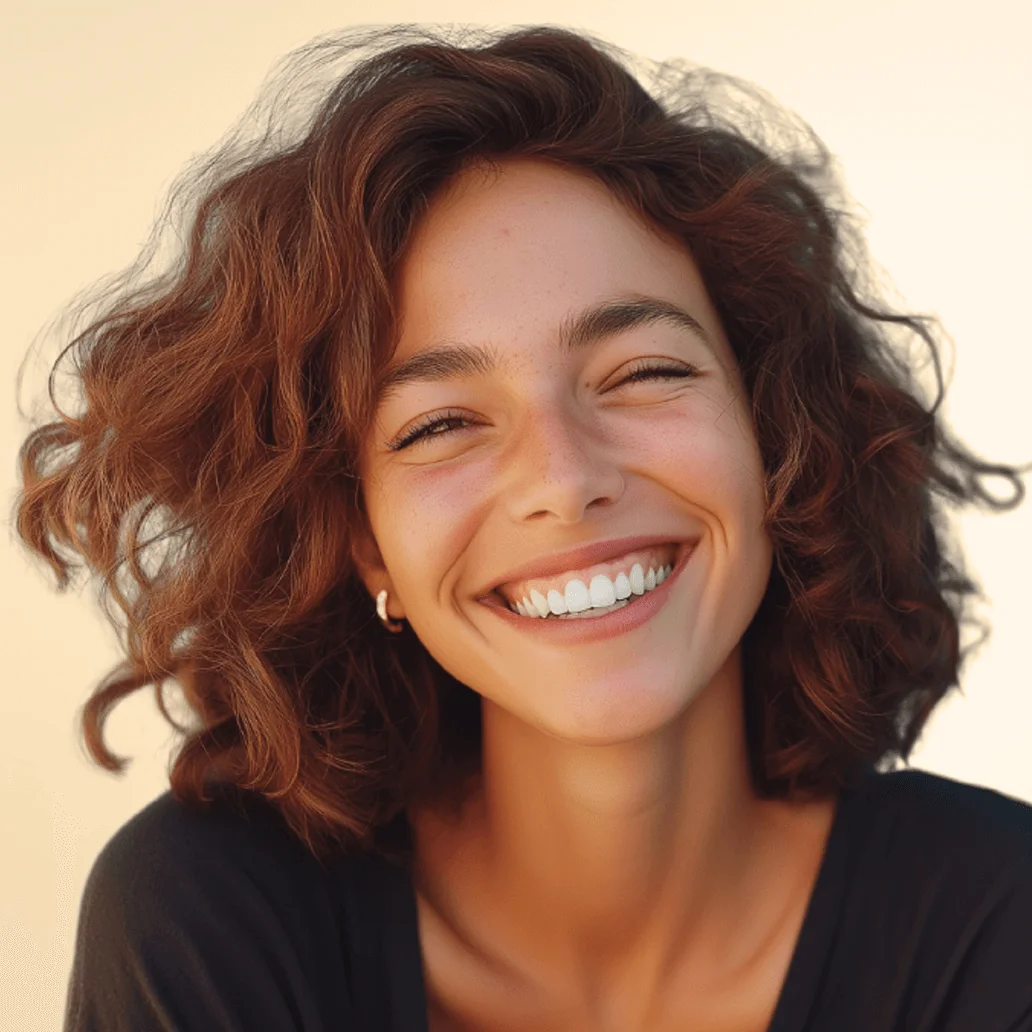 Young woman with curly hair laughing with a bright white smile