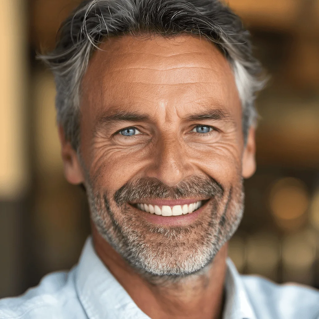 Close-up of a smiling middle-aged man with gray hair and a beard