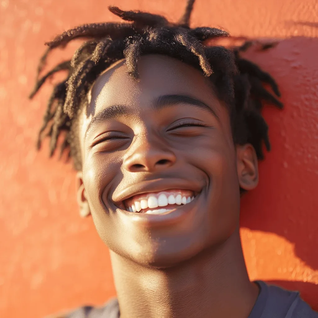Young man with locs laughing with eyes closed against an orange wall